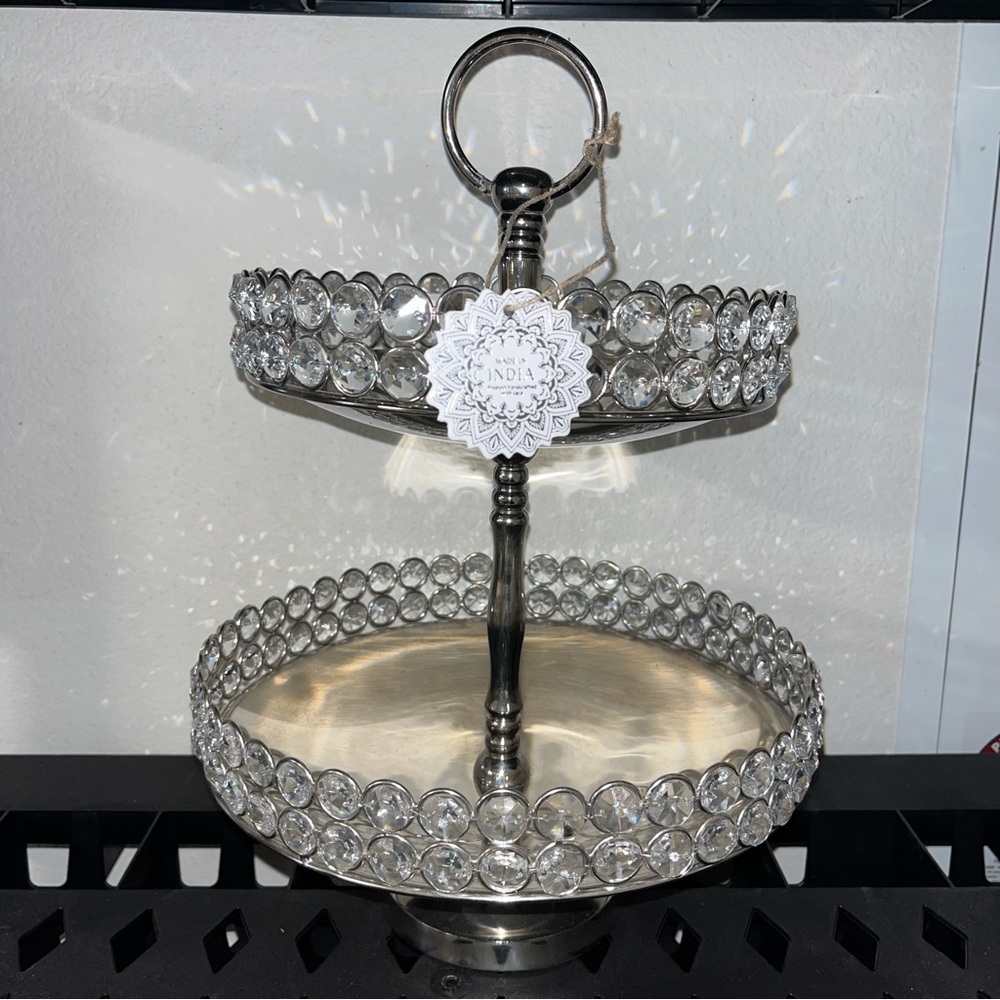 Two tier bedazzle mirrored serving display tray globe metal & glass exports